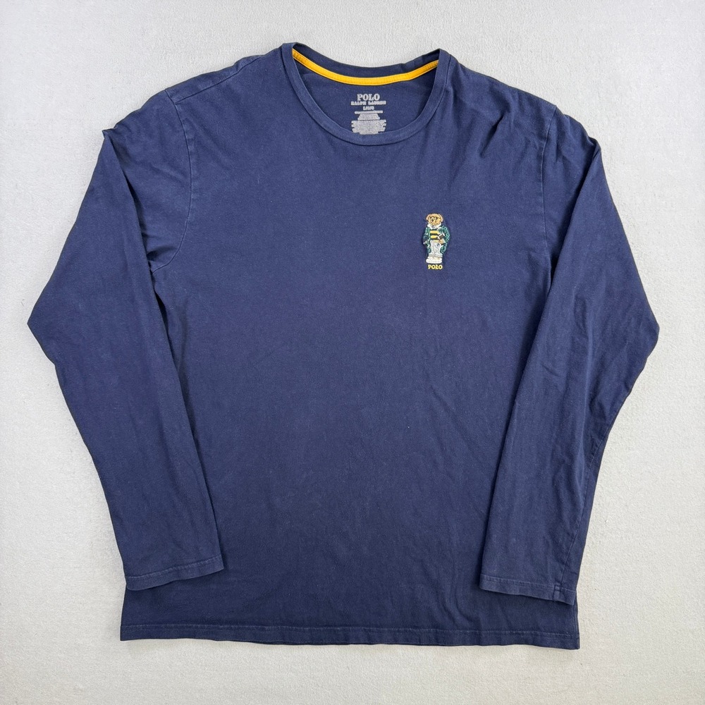 Polo Ralph Lauren T-Shirt Mens Large Navy Long Sleeve Football Bear Embroidered